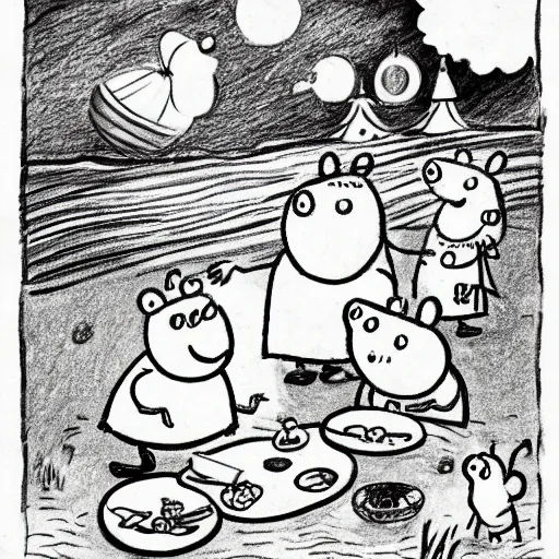 Prompt: Peppa Pig meets the Moonmins at last. The Moomins eat a picnic in front of the sea. Moomintroll gives an apple to Moominpappa. Beautiful drawing