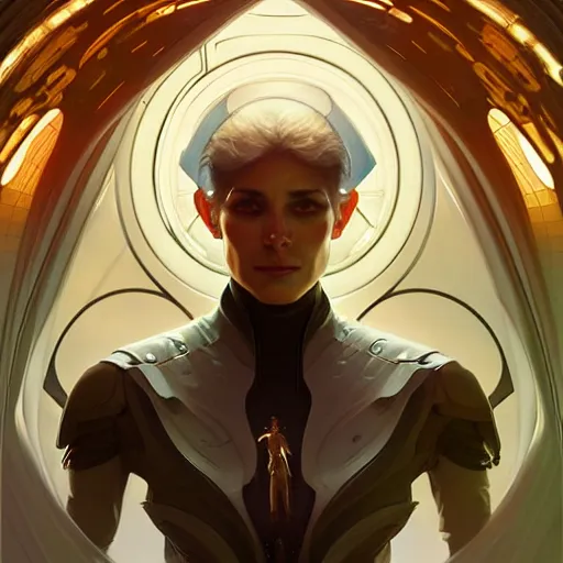 Image similar to futuristic priest, sci-fi, fantasy, intricate, elegant, serious, highly detailed, digital painting, artstation, concept art, smooth, sharp focus, illustration, art by artgerm and greg rutkowski and alphonse mucha