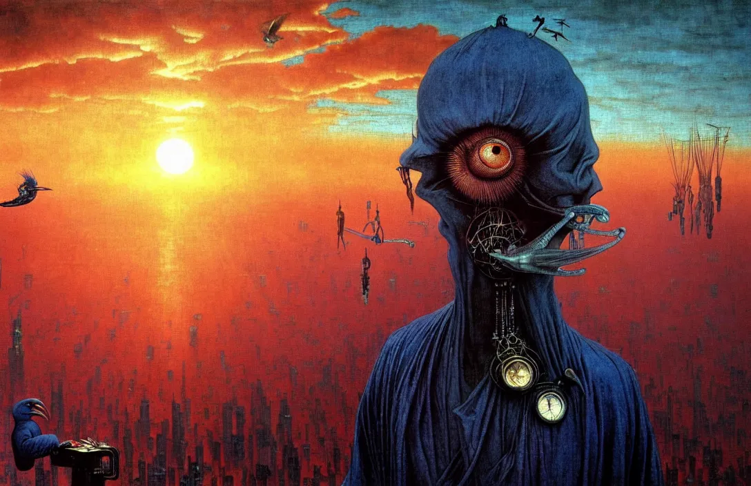 Image similar to realistic detailed portrait movie shot of a birdman in dark ragged robes, futuristic city sunset landscape background by denis villeneuve, amano, yves tanguy, alphonse mucha, ernst haeckel, max ernst, roger dean, masterpiece, rich moody colours, blue eyes, hyperdetailed