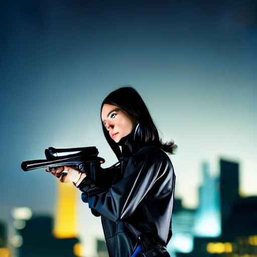 Image similar to photographic portrait of a techwear woman holding a shotgun, closeup, on the rooftop of a futuristic city at night, sigma 85mm f/1.4, 4k, depth of field, high resolution, 4k, 8k, hd, full color, Die Hard, movies with guns, movie firearms