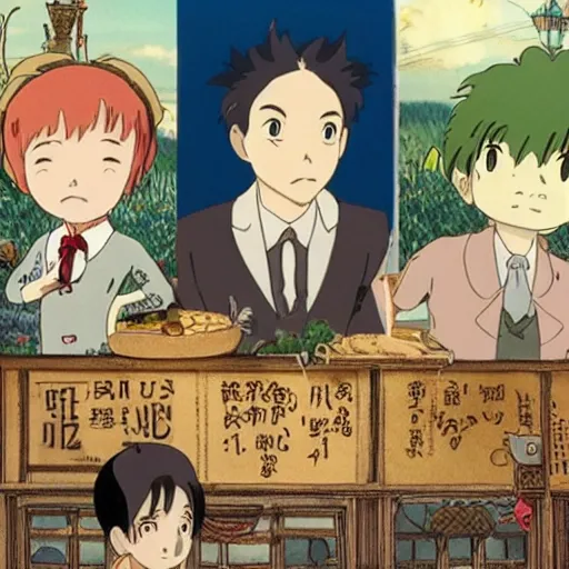 Prompt: image from the new Ghibli movie The little AI, the artist and a vilain business man, in the style of Hayao Miyazaki