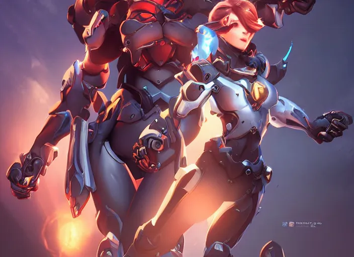 Image similar to poster!! beautiful new female character for overwatch, character concept art, action pose, illustration, full body armor, steel plating, huge weapon, super powers, athletic, long red hair, symmetry, intricate design, shiny, highly detailed, hd, dramatic lighting, art by artgerm and greg rutkowski