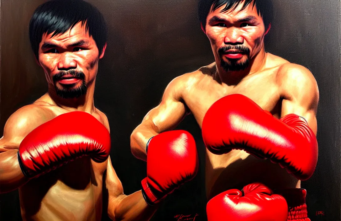 Image similar to portrait of manny pacquiao with red boxing gloves!!!!!!!!!!!!!!!!!!!!!!!!!!!, detailed face, detailed painting, epic lighting, by ilya repin, phil hale and kent williams