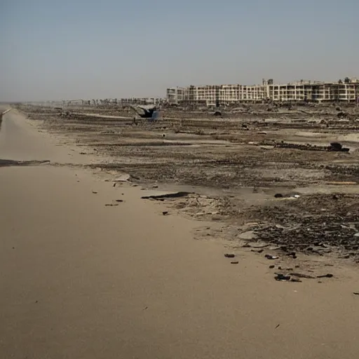 Prompt: apocalyptic beachside city, dried up oceans, desert everywhere, buildings covered in black tar