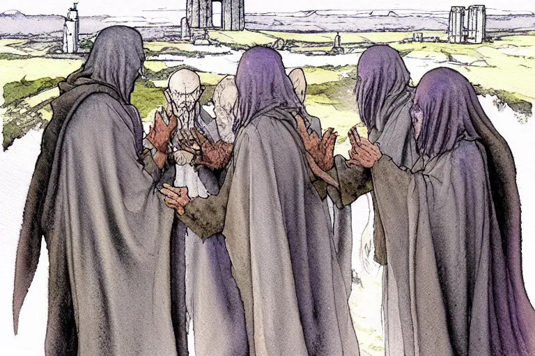 Image similar to a realistic and atmospheric watercolour fantasy character concept art portrait of a dirty chibi alien greeting a group of medieval monks in grey robes in stonehenge. a ufo is in the sky. by rebecca guay, michael kaluta, charles vess and jean moebius giraud