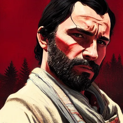 Image similar to clean shave, tan, middle - aged christian priest with dark hair in red dead redemption 2, gorgeous, beautiful, intricate, highly detailed, digital painting, artstation, oppressive lighting, concept art, sharp focus, illustration, art by greg rutkowski and alphonse mucha