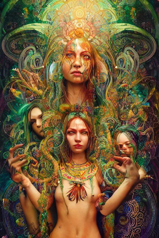 Image similar to a centered full body photo of alluring mystical goddess festival hippies with tribal paintings surrounded by a underwater ink pour and flowing liquid galium and sacred geometry, perfect face, powerful, cinematic, beautifully lit, by artgerm, by karol bak, by viktoria gavrilenko, 3 d, trending on artstation, octane render, 8 k