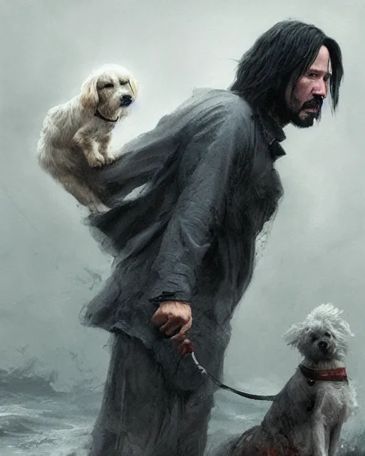 Prompt: keanu reeves as a ghost with his dog, hyper realistic face, beautiful eyes, fantasy art, in the style of greg rutkowski, intricate, hyper detailed, smooth