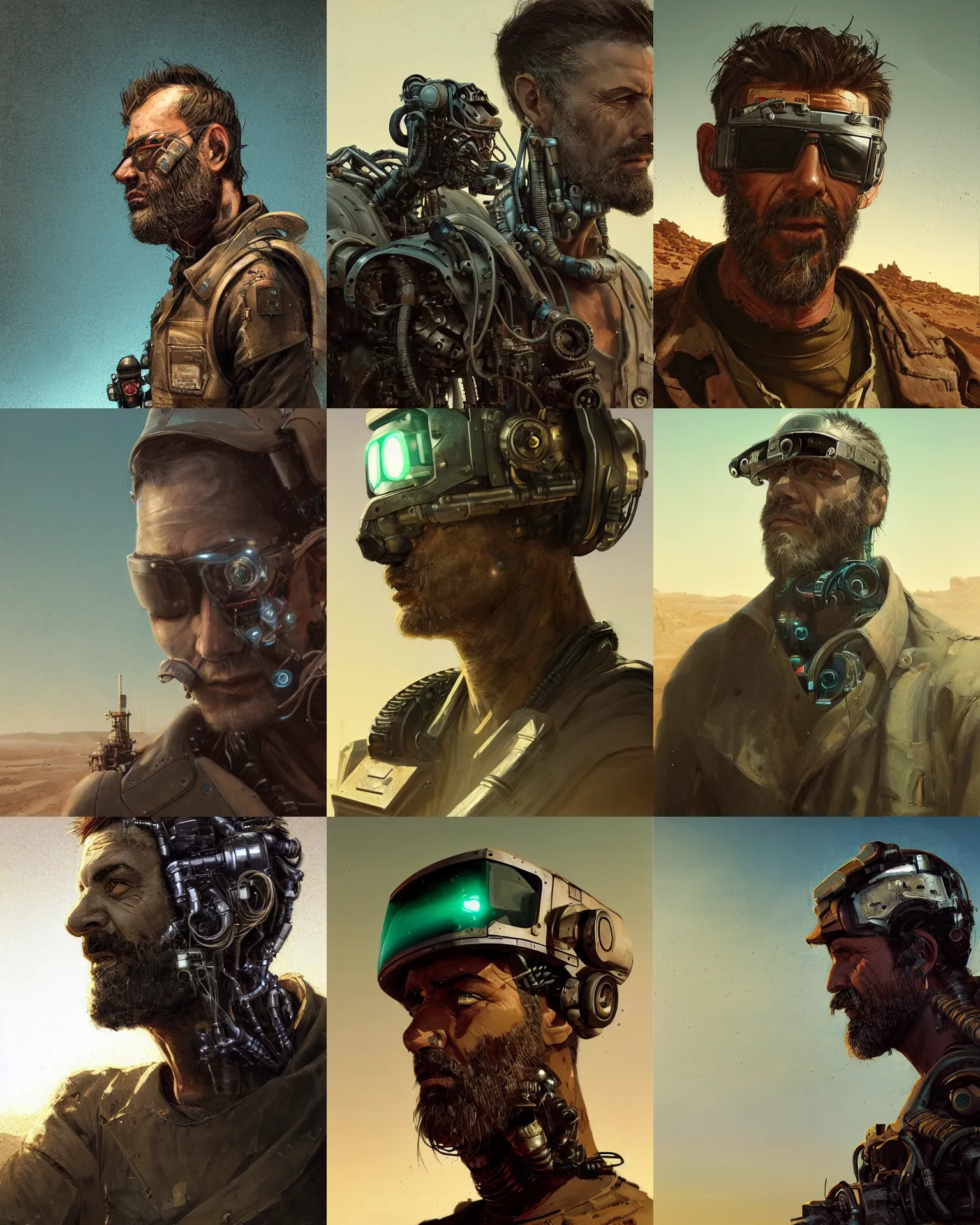 Prompt: a rugged middle aged mechanic man with cybernetic enhancements and sidecut in the desert, scifi character portrait by greg rutkowski, esuthio, craig mullins, short beard, green eyes, 1 / 4 headshot, cinematic lighting, dystopian scifi gear, gloomy, profile picture, mechanical, half robot, implants, steampunk