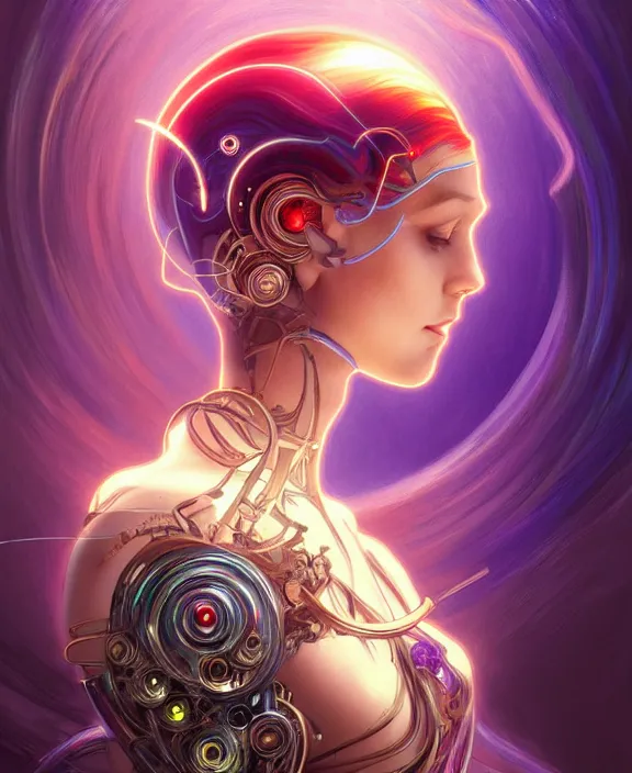 Prompt: a whirlwind of souls rushing inside the metaverse, half body, jewelry, fashionable haircut, pharaoh, android, cyborg, cyberpunk face, by loish, d & d, fantasy, intricate, elegant, highly detailed, colorful, vivid color, digital painting, artstation, concept art, art by artgerm and greg rutkowski and alphonse mucha