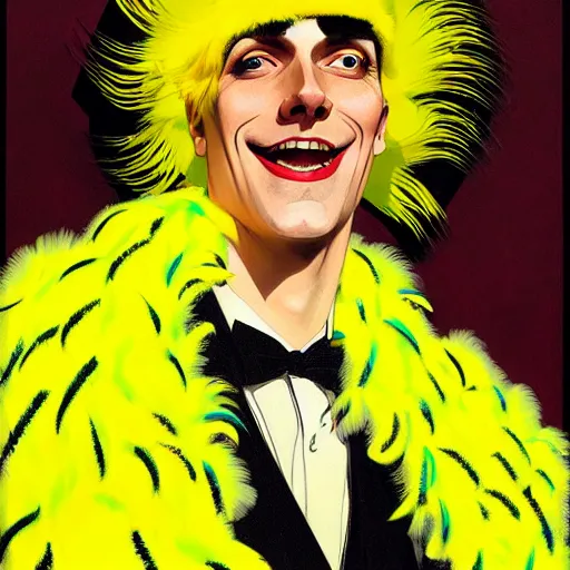 Image similar to art by joshua middleton, the yellow creeper, a tall manically smiling yellow - skinned man with green and black striped cycling shorts and wearing a long red feather boa, yellow makeup, mucha, kandinsky, poster, comic art, stylised design, red feather boa