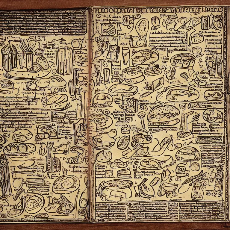 Image similar to ( ( ( ( illustrated recipe for a bigmac hamburger ) ) ) ) lot of medieval enluminures in the background explaining the recipe, schematic in a notebook