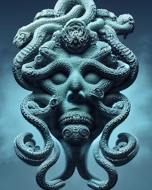 Image similar to 3 d ornate carved medusa with profile portrait, sigma 5 0 0 mm f / 5. beautiful intricate highly detailed quetzalcoatl skull. bioluminescent, plasma, lava, ice, water, wind, creature, thunderstorm! artwork by tooth wu and wlop and beeple and greg rutkowski, 8 k trending on artstation