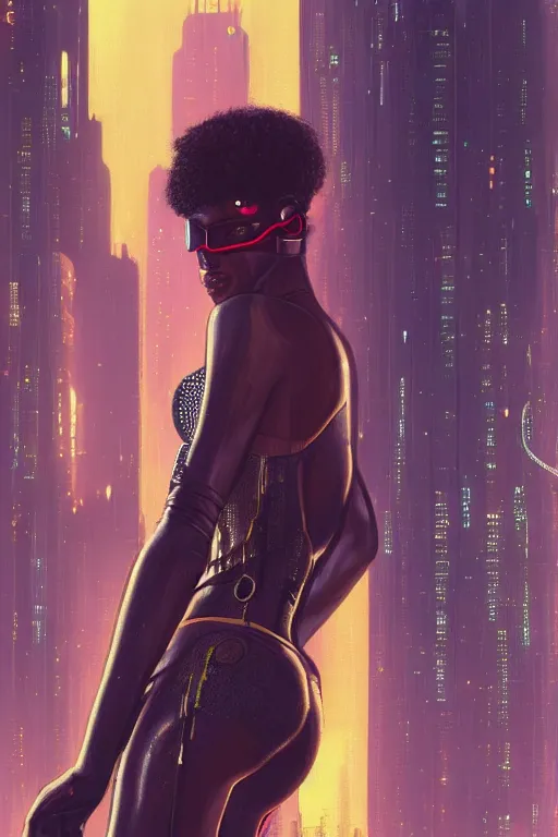 Image similar to a beautiful young Black woman, cyberpunk, Blade Runner city background, highly detailed, artstation, illustration, art by Gustav Klimt