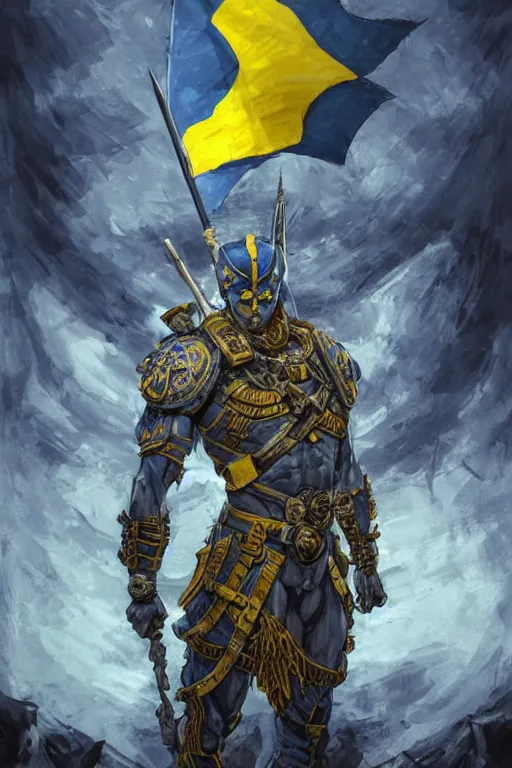 Prompt: a distant shot from below of a Ukrainian super soldier with blue and yellow flag behind him and a trident symbol on the chest standing alone on a huge pile of skulls posing as a winner, masculine muscular figure, D&D, fantasy, intricate, elegant, highly detailed, extremely detailed, digital painting, artstation, concept art, matte, smooth, hyper realistic, sharp focus, illustration, art by Artgerm and Greg Rutkowski and Alphonse Mucha