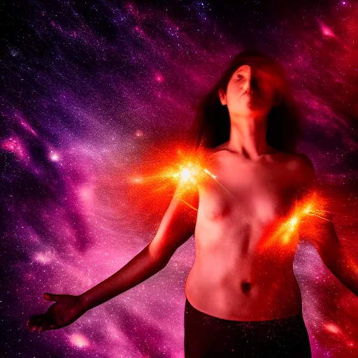 Image similar to a women with half of it's body turning into a cosmic dust, space, award winning photography, hdr, studio lighting medium close shot,