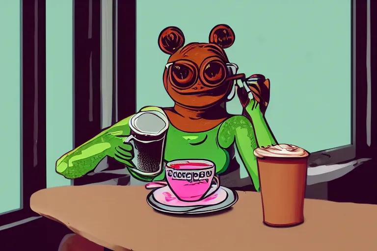 Image similar to girl drinking coffee with pepe the frog in a cafe, 8 0 s style, cinematographic photo