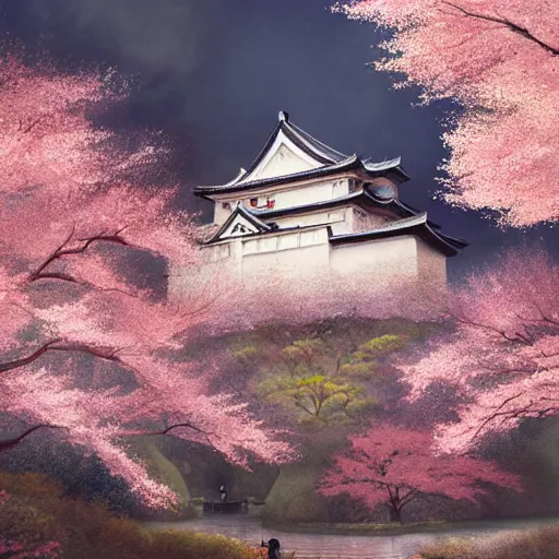 Image similar to a 14th century japanese castle surrounded by cherry blossom trees with diffuse lighting, fantasy, intricate, elegant, highly detailed, digital painting, artstation, illustration, concept art, smooth, sharp focus, art by John Collier and Albert Aublet and Artem Demura