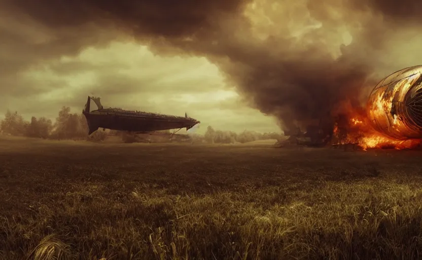 Image similar to an immense steampunk airship crashed and burning in a field, thick black smoke billowing, turbulent storm clouds, dystopian, fog, sharp focus, octane render, imax