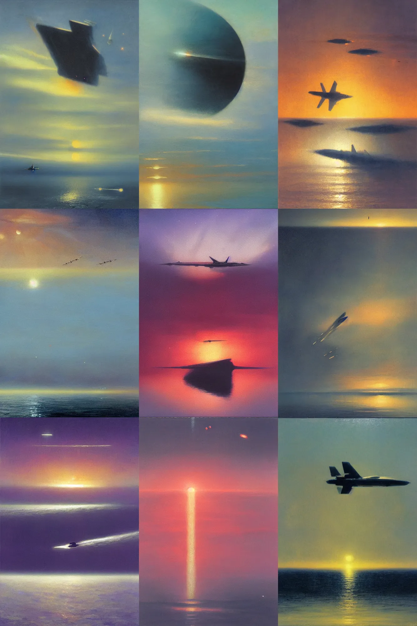 Prompt: spaceships flying over water, water wake, sunset, by john harris, painting