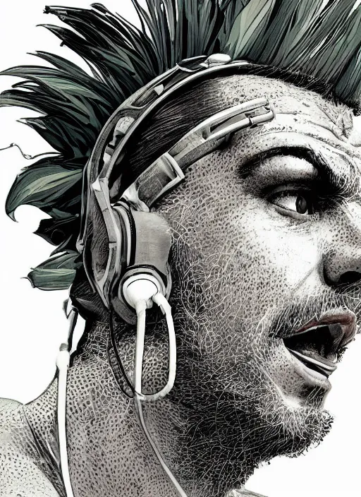 Image similar to portrait of a man with gray and green mohawk wearing a gray headset and brown tank top, gray and green mohawk, gray headset, brown tank top. art by martin ansin, martin ansin artwork. portrait.