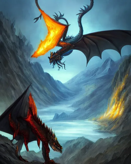 Image similar to ''dragon breathing fire, rule of thirds, fantasy, mountain landscape, d & d, digital painting, artstation, deviantart, concept art, illustration, art by dragolisco and anne stokes and nico niemi and rachael m and kaiser flames''