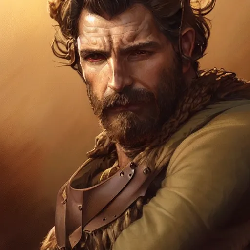 Image similar to Portrait of rugged male ranger, D&D, muscular, fantasy, intricate, elegant, highly detailed, digital painting, artstation, concept art, smooth, sharp focus, illustration, art by artgerm and greg rutkowski and alphonse mucha