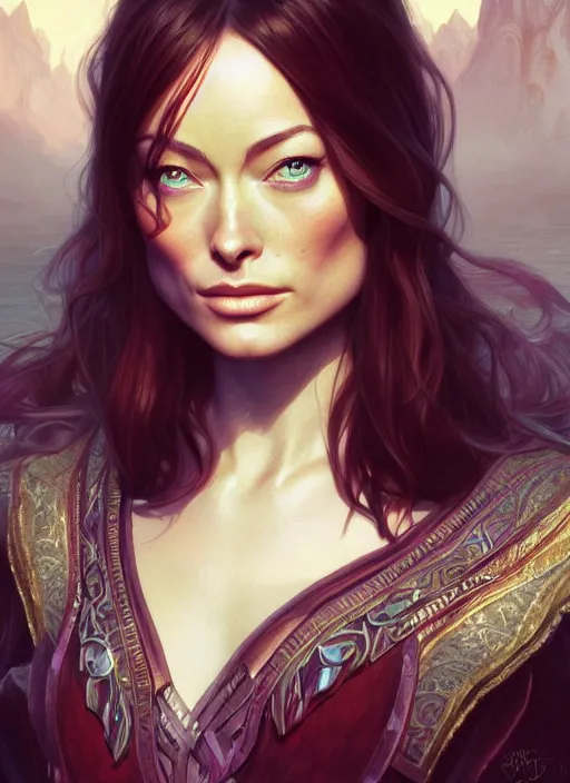 Image similar to photography of a young olivia wilde, deep focus, d & d, fantasy, intricate, elegant, highly detailed, digital painting, artstation, concept art, matte, sharp focus, illustration, hearthstone, magic the gathering, art by artgerm and greg rutkowski and alphonse mucha
