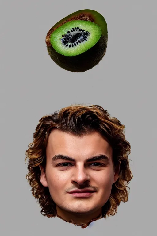 Image similar to 📷 joe keery face on kiwi fruit 🥝, made of food, head portrait, dynamic lighting, 4 k