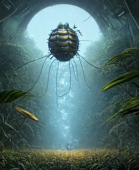 Image similar to a giant weird industrial plant made out of isopod dragonflies, in the style of a strange puffy spaceship, overgrown with disturbing orchids, partly cloudy, somber, dramatic lighting, by dan mumford, yusuke murata, makoto shinkai, ross tran, cinematic, unreal engine, cel shaded, featured on artstation, pixiv