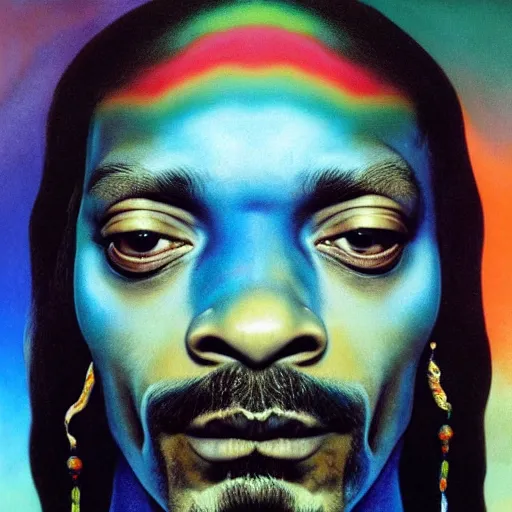 Image similar to colour masterpiece surreal closeup portrait photography of snoop dogg by miho hirano and annie leibovitz and michael cheval, psychedelic smoke background by kilian eng and roger dean and salvador dali and beksinski, 8 k