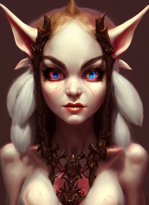 Image similar to imp demon goddess, cute elf ears, strapless dress, character portrait in the style of thomas river and artgerm, cinematic lighting, hyperdetailed, 8 k realistic, symmetrical, global illumination, radiant light,, frostbite 3 engine, cryengine, dof, trending on artstation, digital art, chanel