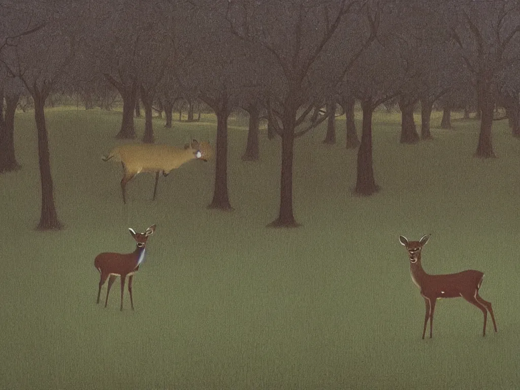 Prompt: a young deer on a suburban lawn at dusk, by quint buchholz and dean ellis