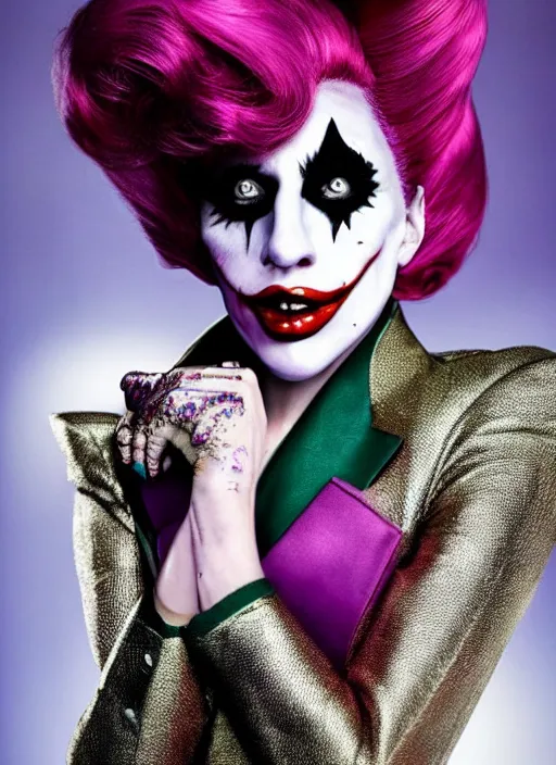 Image similar to photo of Lady Gaga as the Joker by Mario Testino, head shot, detailed, award winning, Sony a7R