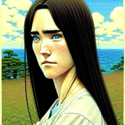 Prompt: anime jennifer connelly by hasui kawase by richard schmid