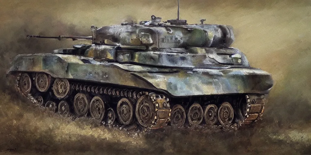 Prompt: panzer iv near a cup of water, oil painting