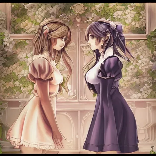 Image similar to a stare down between two beautiful maids standing face to face, detailed anime art