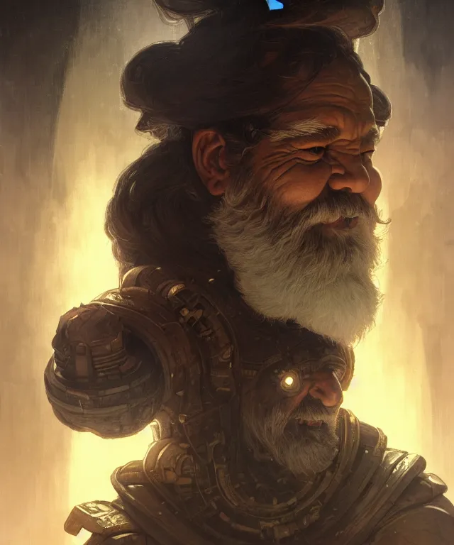 Image similar to Dwarven Man in spacecraft loading bay, portrait, face, smiling, dark hair, dark skin, sci-fi, intricate, elegant, highly detailed, digital painting, artstation, concept art, smooth, sharp focus, illustration, art by artgerm and greg rutkowski and alphonse mucha