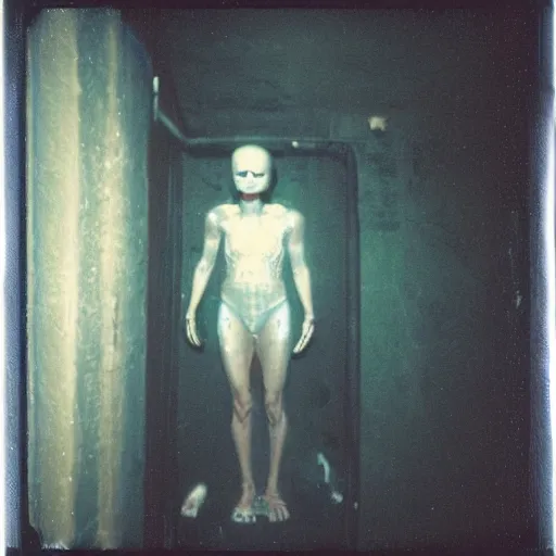 Image similar to a humanoid creature at the bottom of a dark stairwell, dark!, creepy, unsettling, uncanny valley!!!, old polaroid, expired film,