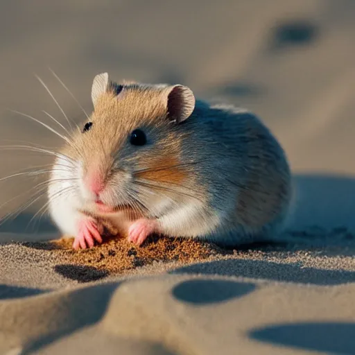 Prompt: a hamster relaxing in the sand on the beach and wearing a sombrero, close up, dslr photo