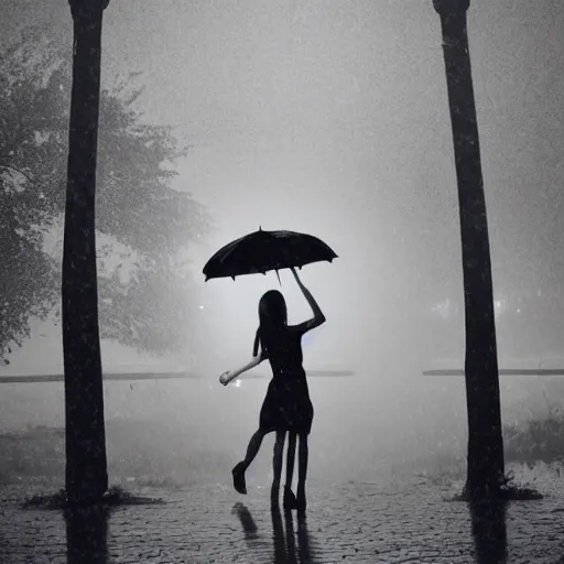 Image similar to heavy rain and a girl with an umbrella searching the sun