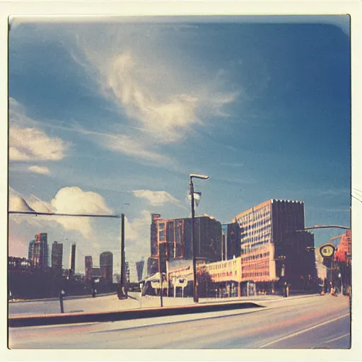 Image similar to instant photograph of a city in 1979, polaroid, raw, light leak, clouds