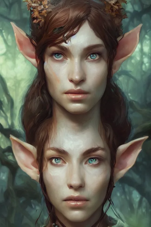 Image similar to dungeons and dragons forest elf character closeup portrait, dramatic light, dungeon background, 2 0 0 mm focal length, painted by stanley lau, painted by greg rutkowski, painted by stanley artgerm, brom, digital art, trending on artstation