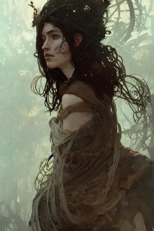 Image similar to A full portrait of a beautiful post apocalyptic celtic blind soothsayer, intricate, elegant, highly detailed, digital painting, artstation, concept art, smooth, sharp focus, illustration, art by Krenz Cushart and Artem Demura and alphonse mucha