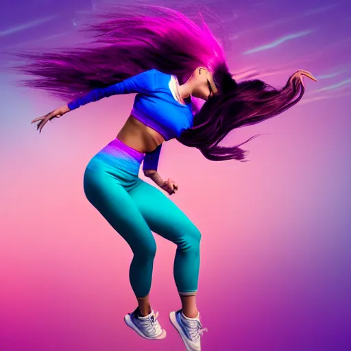 Image similar to a award winning full body shot of a beautiful woman in a croptop and leggings with a ombre purple pink teal hairstyle with head in motion and hair flying, outrun, vaporware, vivid colors, highly detailed, fine detail, intricate