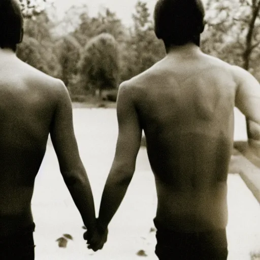 Prompt: a 35mm photograph of two trees talking behind a human’s back, realistic