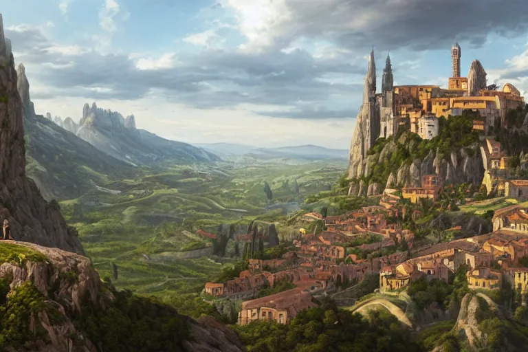 Image similar to an ultra detailed matte landscape painting of an extremely tall and strong young man with short brown hair standing on a cliff overlooking a medieval european capital built on top of many hills, italian renaissance architecture, ultrawide lense, aerial photography, 8 k, volumetric lighting, smooth, highly detailed, digital illustration, art by greg rutkowski and akira toriyama and artgerm