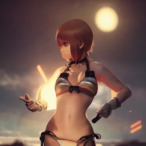 Prompt: kodak portra. by wlop, ilya kuvshinov, krenz cushart, greg rutkowski, trending on pixiv. zbrush sculpt, octane, maya, houdini, vfx. cute anime girl wearing bikini armor. digital painting. cinematic dramatic atmosphere, sharp focus, volumetric lighting.