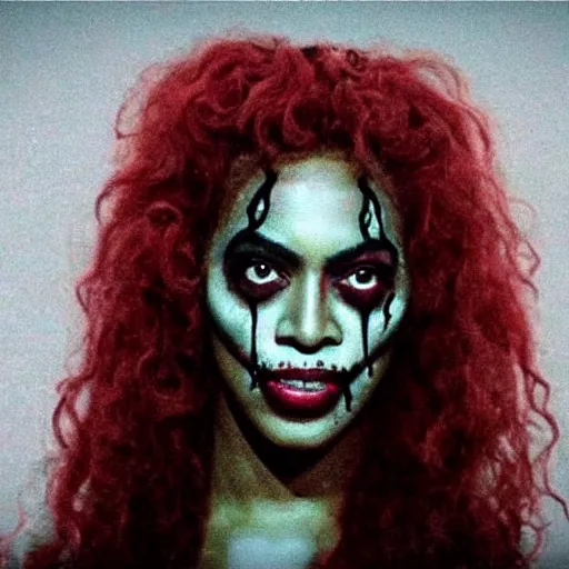 Prompt: Beyonce dancing thriller in zombie make up, realistic, music clip, good quality, horror, detailed