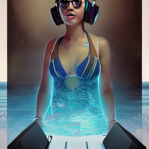 Prompt: dj white cockapoor wearing headphones, at a beach party in Ibiza, Greg Rutkowski, art station